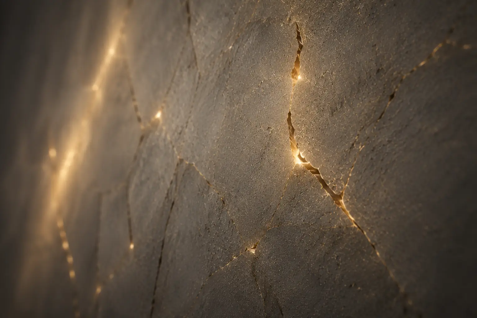 Golden light glowing through the cracks of a dark stone surface