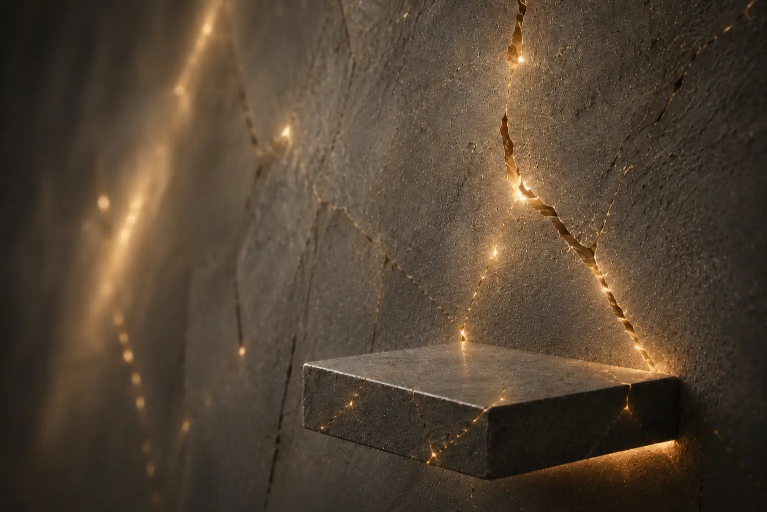 Golden light glowing through the cracks of a dark stone surface